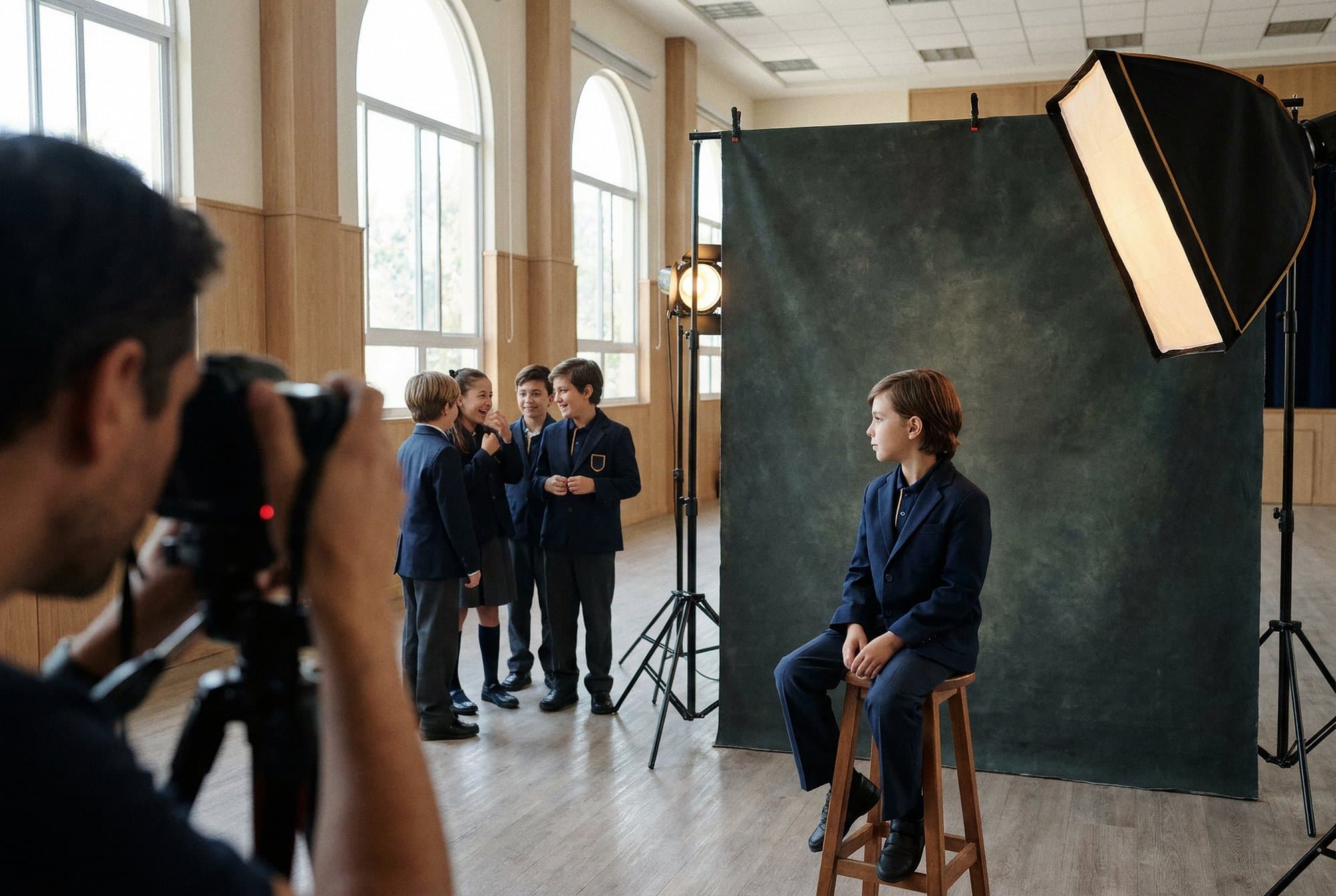 Estudio PhotoDay montado en el salón del colegio: un alumno posando con luz de estudio mientras su grupo espera turno