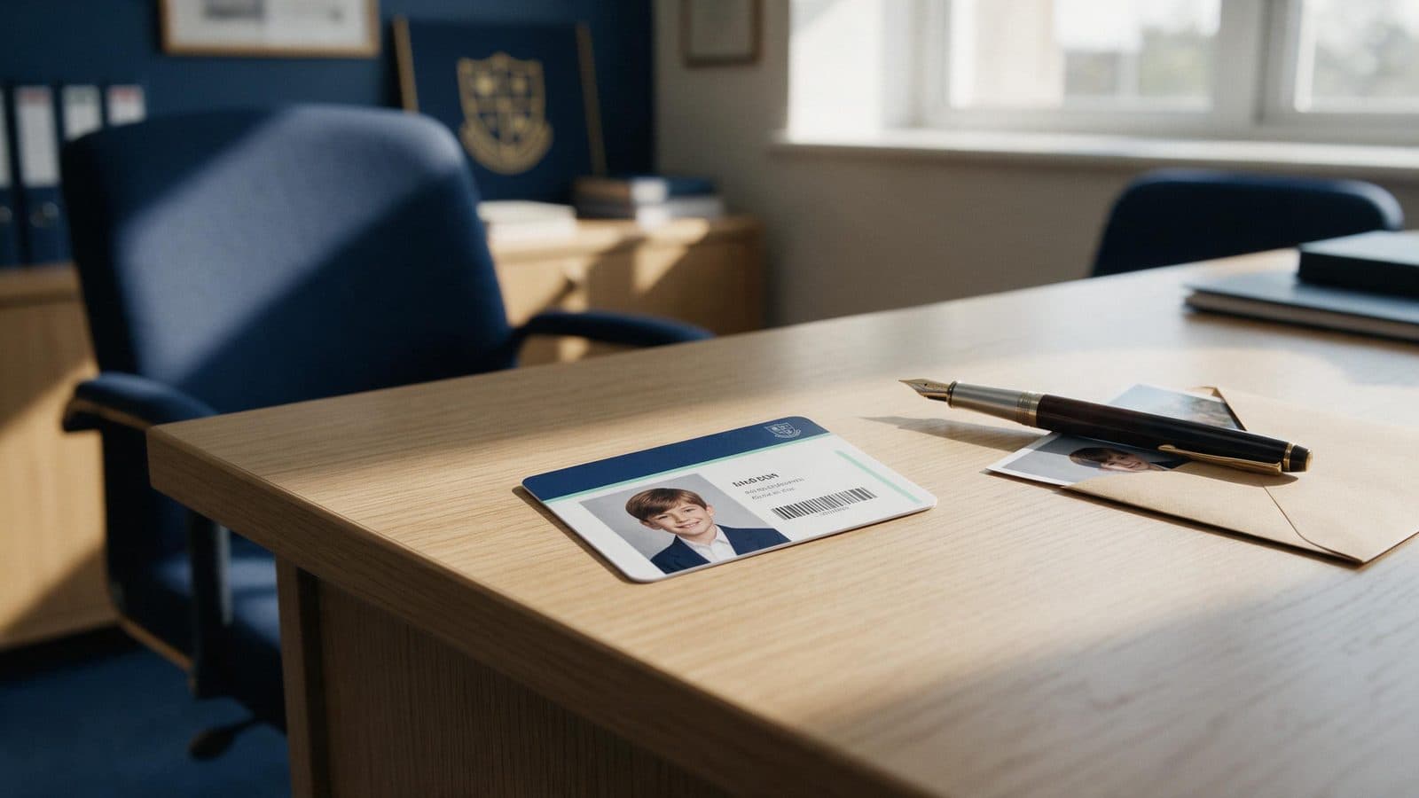 Credencial escolar en PVC con banda azul, código QR y espacio en blanco para foto y datos, sobre un fondo neutro, sin identidad de un colegio específico